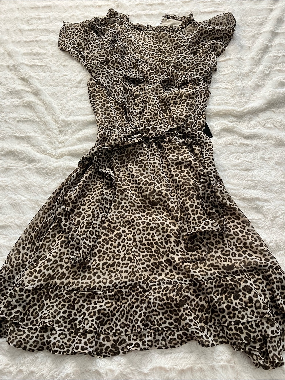 New York & Company Beige and Brown Leopard Midi Wrap Dress